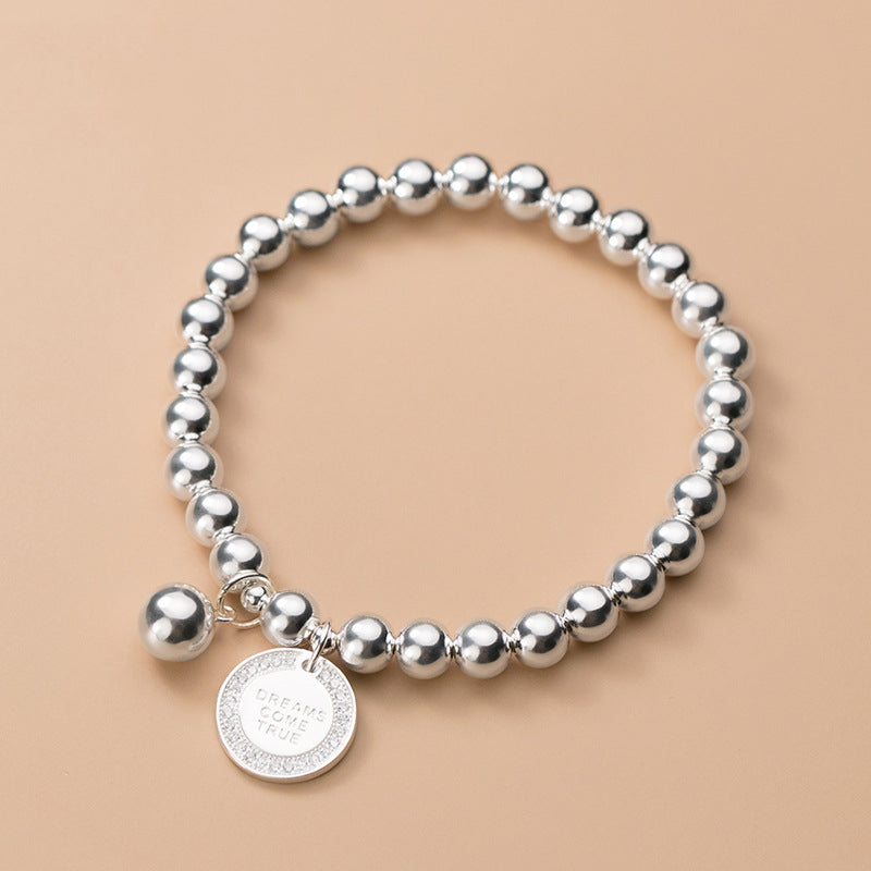 925 Silver Fashion Sweet Inlaid Round Medal Bead Bracelet