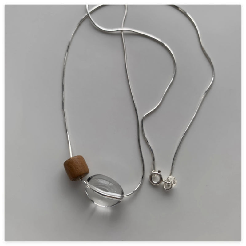 925 Sterling Silver Natural Brazilian White Crystal Gold Wood Bead Necklace