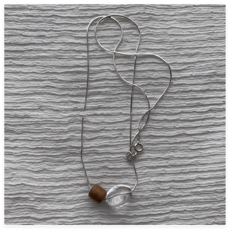 925 Sterling Silver Natural Brazilian White Crystal Gold Wood Bead Necklace