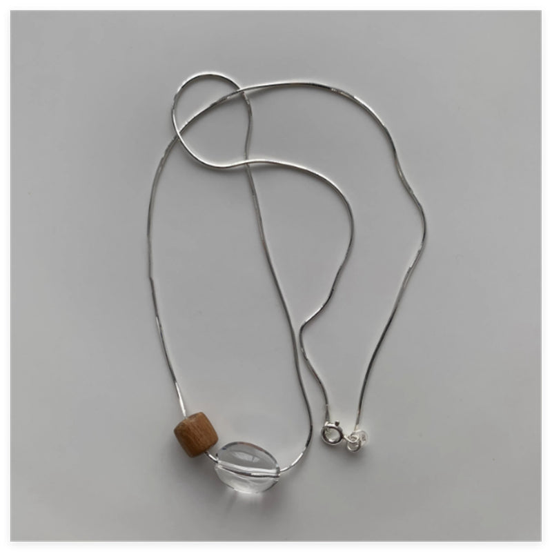 925 Sterling Silver Natural Brazilian White Crystal Gold Wood Bead Necklace